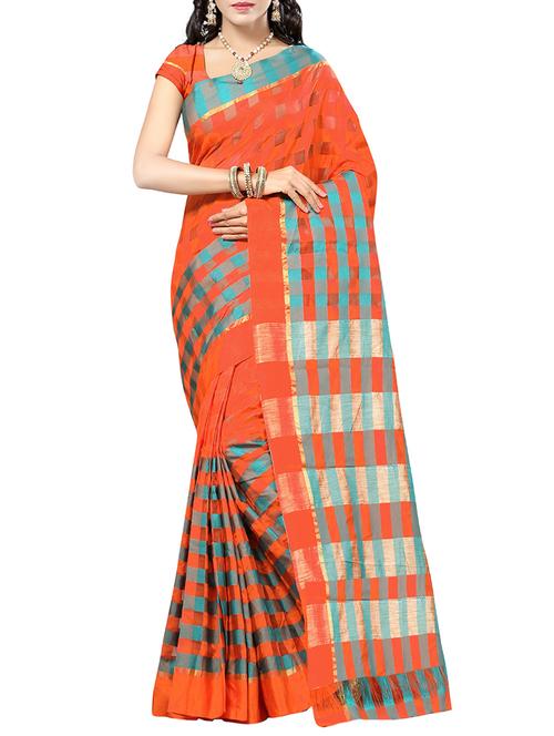 orange silk woven saree with blouse - 14088138 - Very Small Image - 1