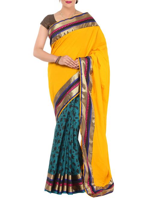 yellow & green half and half saree with blouse - 14089551 - Very Small Image - 1