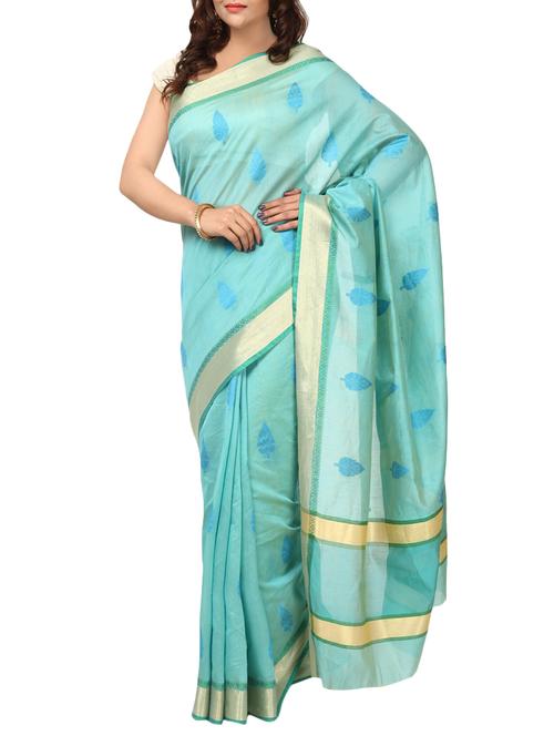 turquoise woven saree with blouse - 14089581 - Very Small Image - 1