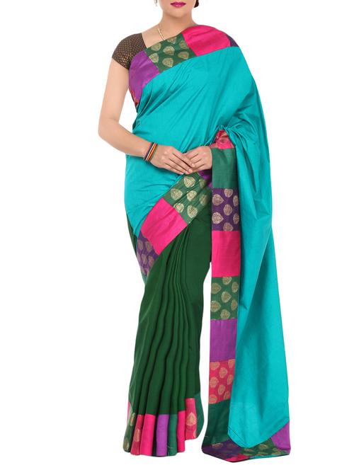 turquoise & green half and half saree with blouse - 14089587 - Very Small Image - 1
