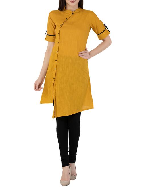 yellow cotton asymmetric kurta - 14089963 - Very Small Image - 1