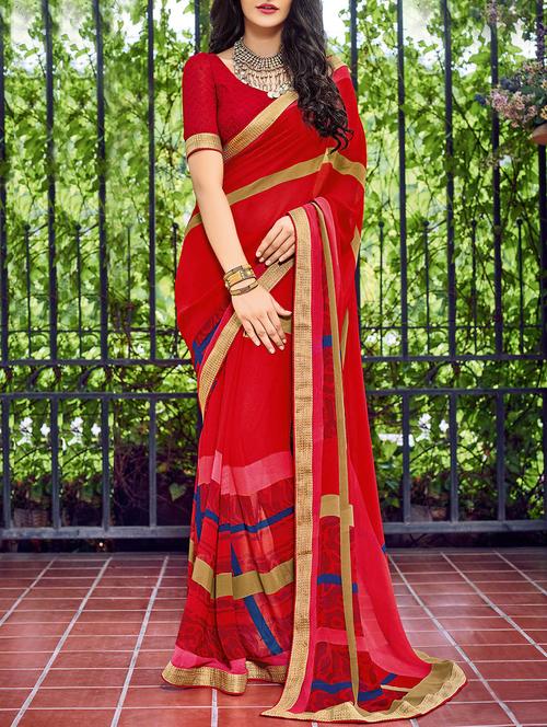 red printed georgette saree with blouse - 14090894 - Very Small Image - 1