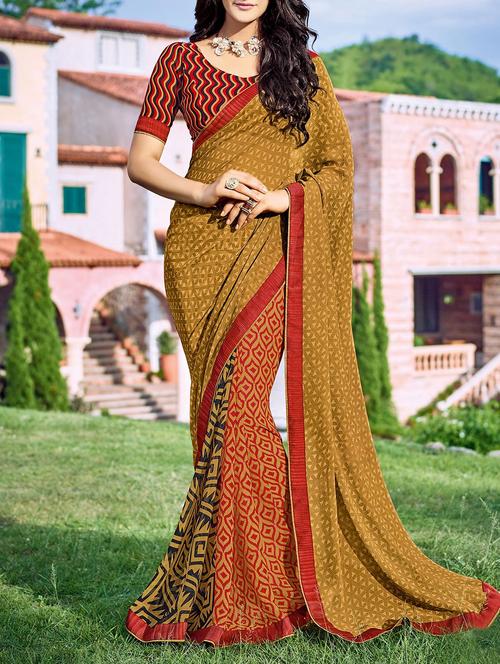 olive green georgette printed saree with blouse - 14090907 - Very Small Image - 1