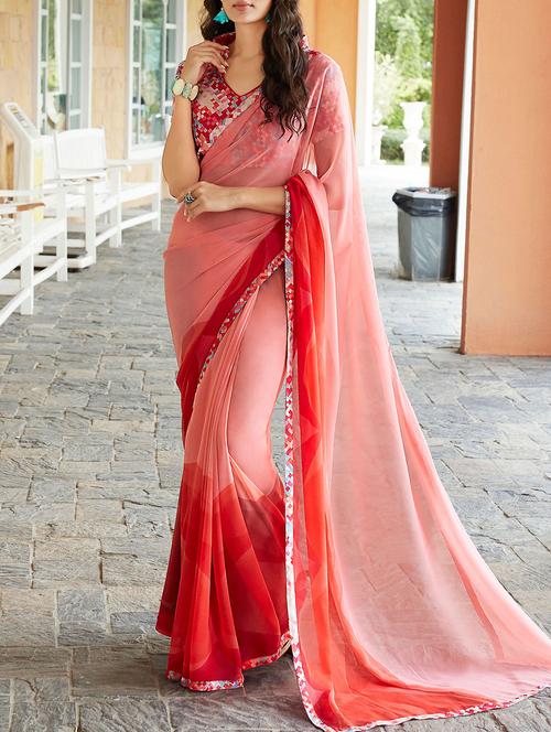 peach georgette printed saree - 14090924 - Very Small Image - 1