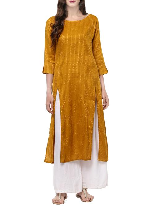 mustard cotton double slit kurta - 14092231 - Very Small Image - 1