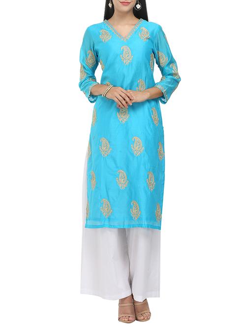 kaanchie nanggia turquoise chanderi a-line kurta - 14094428 - Very Small Image - 1