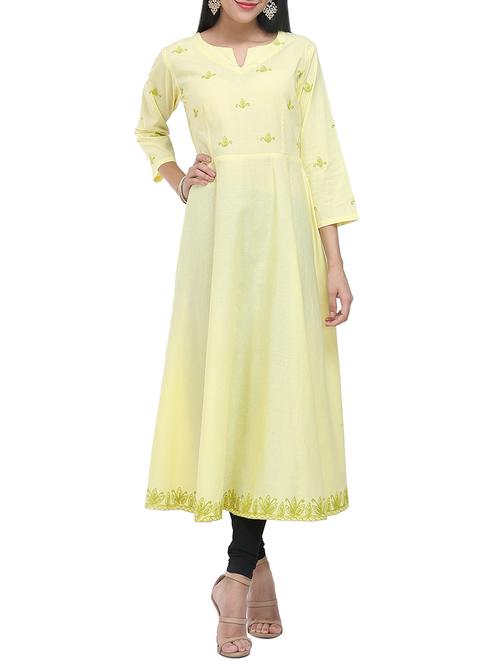 kaanchie nanggia yellow cotton flared kurta - 14094434 - Very Small Image - 1