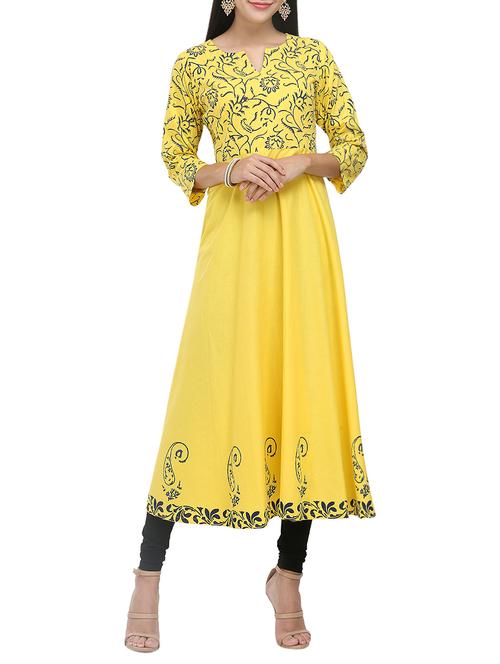 kaanchie nanggia yellow cotton flared kurta - 14094437 - Very Small Image - 1