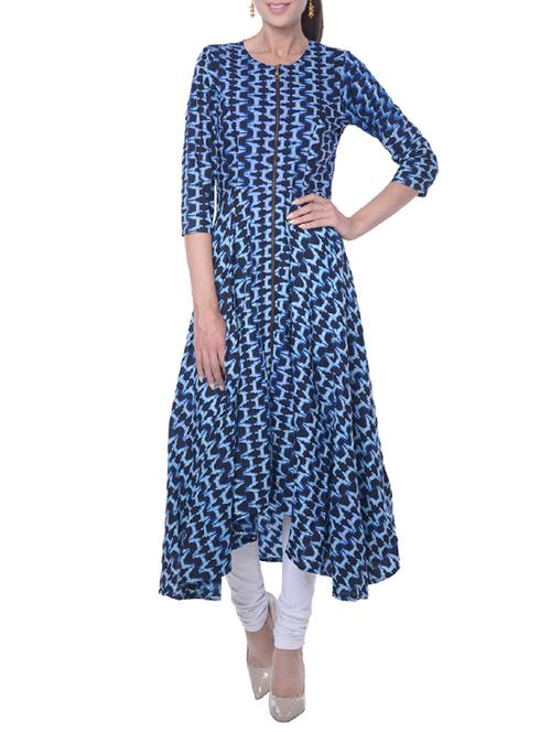 indigo cotton high low kurta - 14095680 - Very Small Image - 1