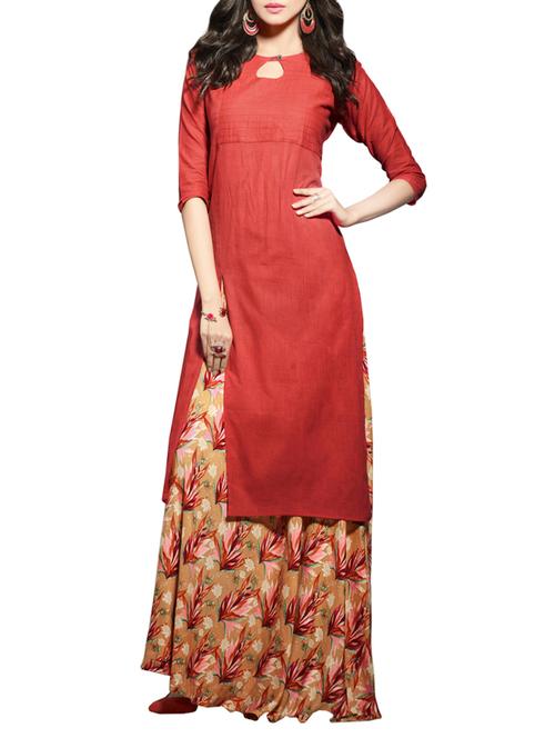 red cotton blend straight kurta - 14097846 - Very Small Image - 1