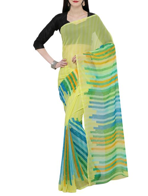 yellow poly georgette printed saree with blouse - 14099136 - Very Small Image - 1
