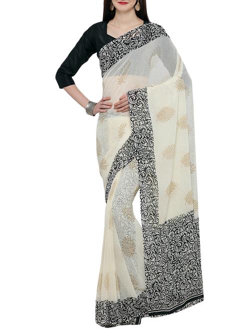 cream poly georgette printed saree with blouse - 14099152 - Very Small Image - 1