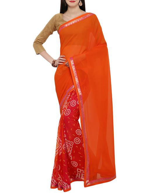 orange bandhani saree with blouse - 14099156 - Very Small Image - 1
