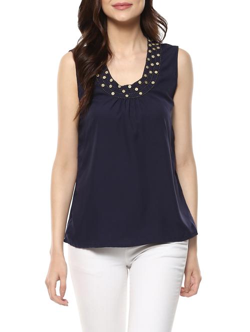 navy blue poly crepe regular top - 14100800 - Very Small Image - 1