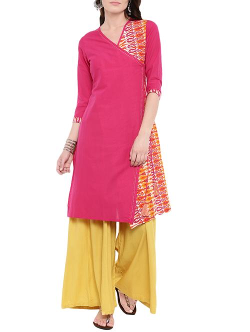 pink cotton angrakha kurta - 14101376 - Very Small Image - 1
