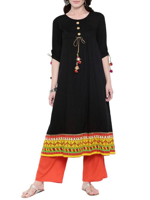 black rayon flared kurta - 14101392 - Very Small Image - 1