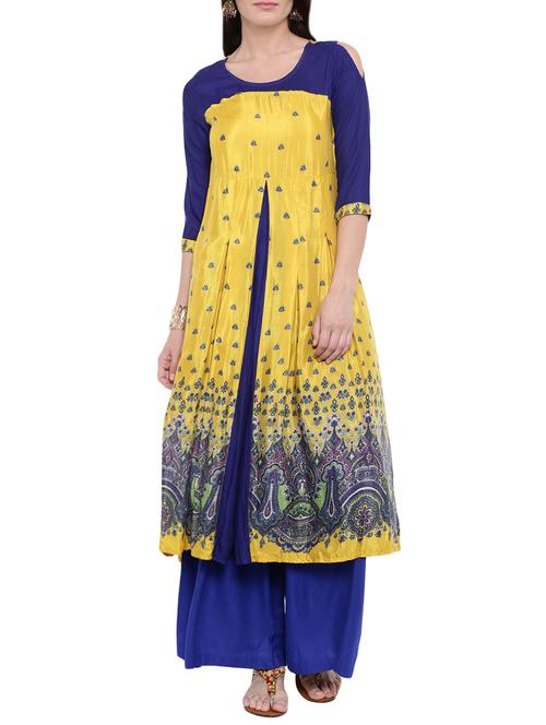yellow synthetic flared kurta - 14101395 - Very Small Image - 1