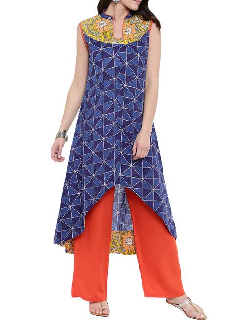 blue cotton high low kurta - 14101411 - Very Small Image - 1