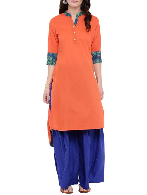 orange cotton high low kurta - 14101420 - Very Small Image - 1