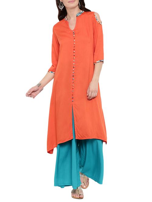 orange rayon a-line kurta - 14101421 - Very Small Image - 1
