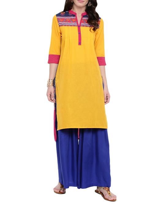 yellow cotton high low kurta - 14101426 - Very Small Image - 1