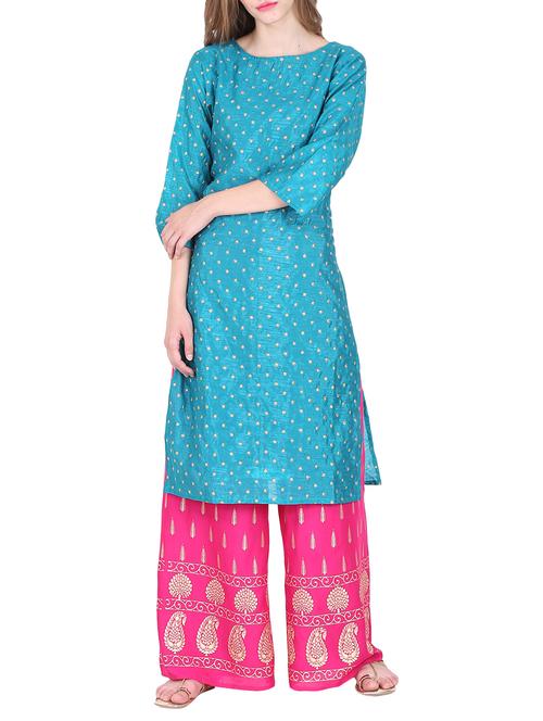 turquoise raw silk straight kurta - 14103758 - Very Small Image - 1