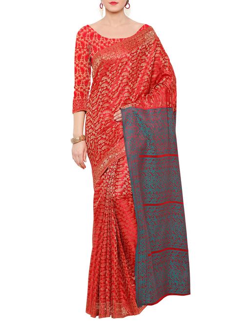 orange banarasi silk saree with blouse - 14104073 - Very Small Image - 1