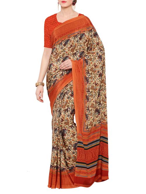 beige printed crepe saree with blouse - 14104080 - Very Small Image - 1