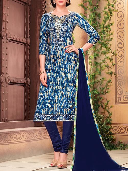 blue cotton blend unstitched suit - 14104109 - Very Small Image - 1
