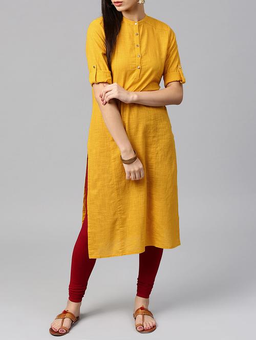 mustard cotton roll-up sleeve straight kurta - 14104580 - Very Small Image - 1