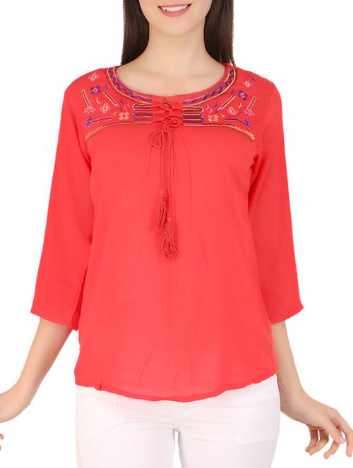 red embroidered crepe peasant top - 14104630 - Very Small Image - 1