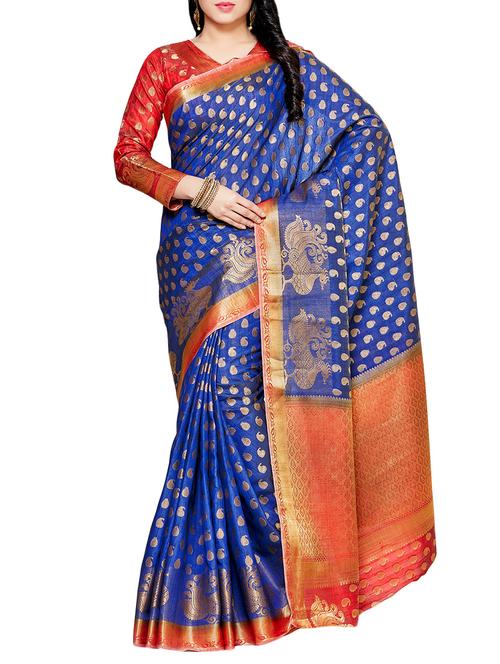 blue silk kanjivaram saree - 14105296 - Very Small Image - 1