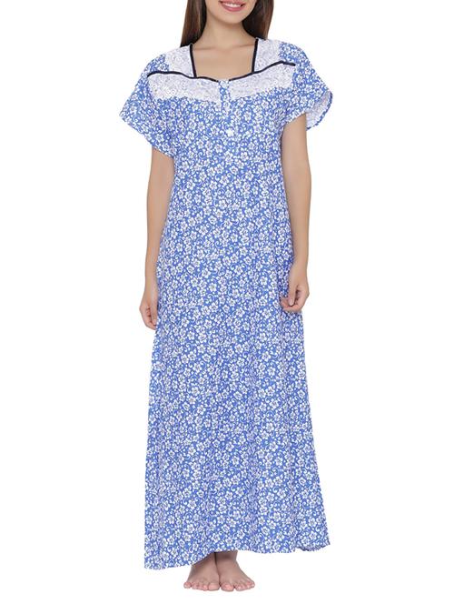 blue floral printed cotton gown - 14105918 - Very Small Image - 1