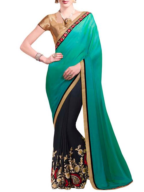 turquoise embroidered half and half saree with blouse - 14107045 - Very Small Image - 1
