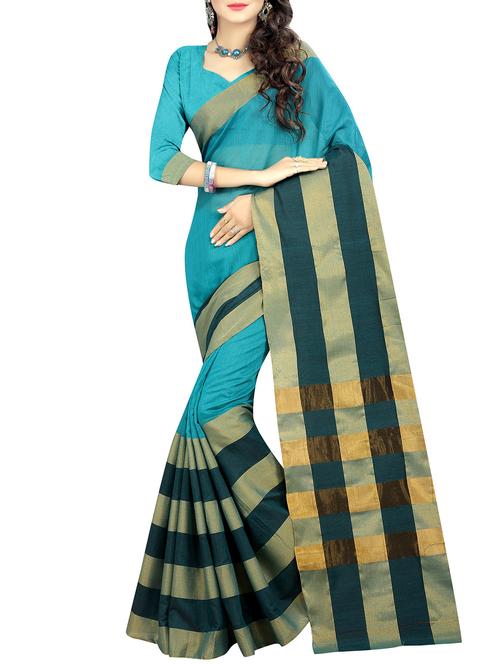 turquoise poly cotton woven saree with blouse - 14107413 - Very Small Image - 1