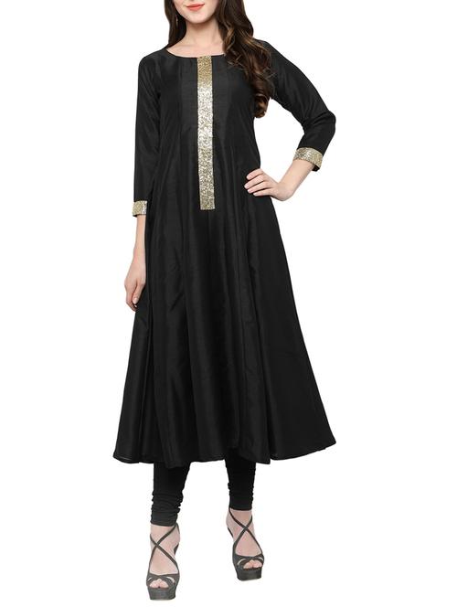 black poly silk flared kurta - 14107793 - Very Small Image - 1