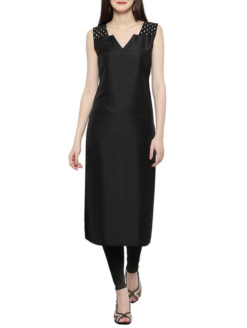 black silk blend straight kurta - 14107802 - Very Small Image - 1