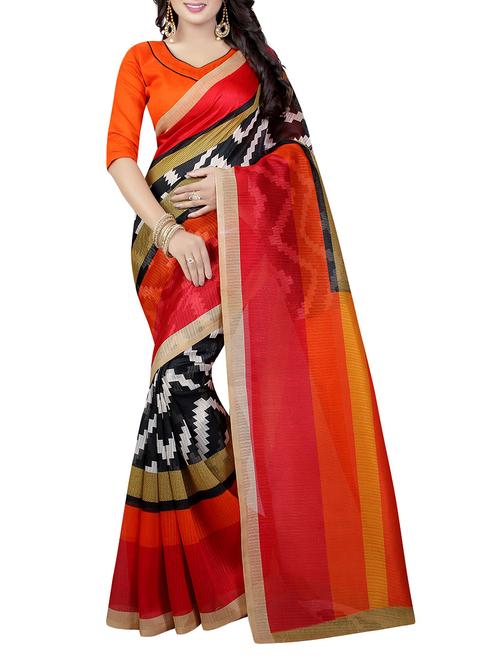 orange silk printed saree with blouse - 14110740 - Very Small Image - 1