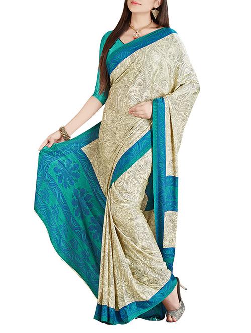 beige crepe printed saree with blouse - 14111251 - Very Small Image - 1