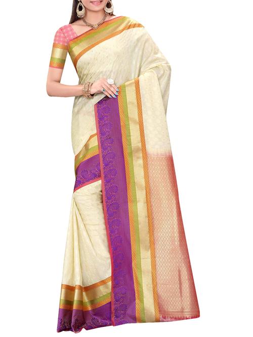 cream art silk kanjivaram saree with blouse - 14112584 - Very Small Image - 1