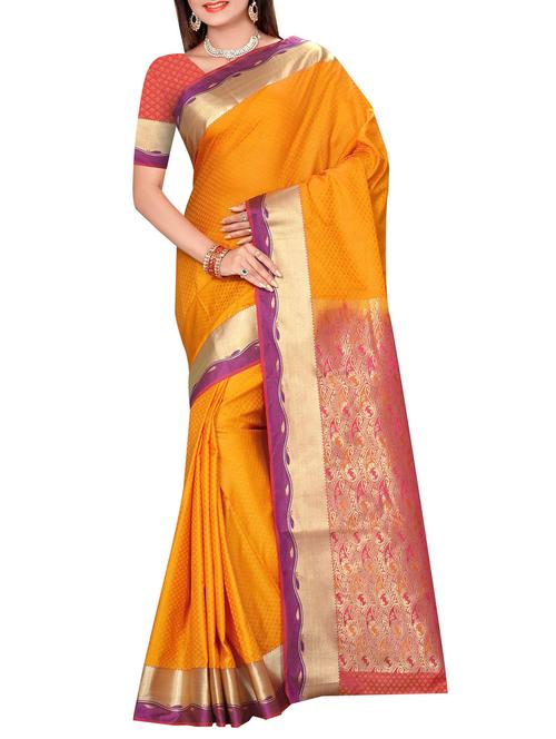 yellow art silk kanjivaram saree with blouse - 14112586 - Very Small Image - 1