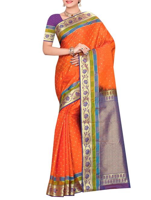 orange art silk kanjivaram saree with blouse - 14112610 - Very Small Image - 1
