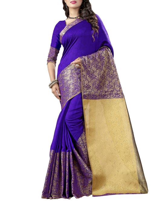 blue cotton blend woven saree with blouse - 14112717 - Very Small Image - 1