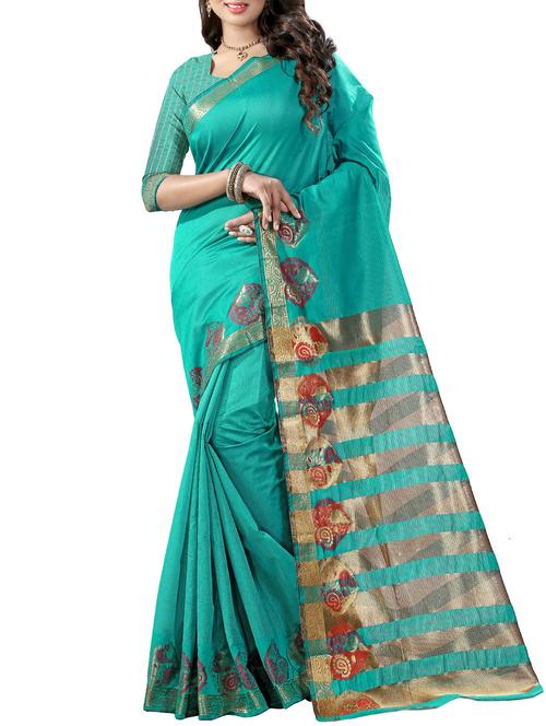 turquoise cotton blend woven saree with blouse - 14112726 - Very Small Image - 1