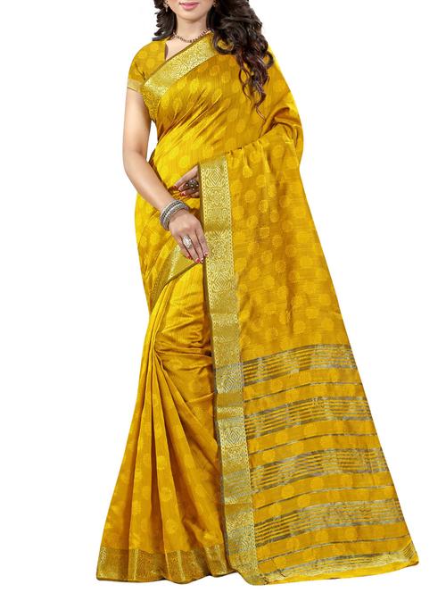 yellow cotton blend woven saree with blouse - 14112729 - Very Small Image - 1