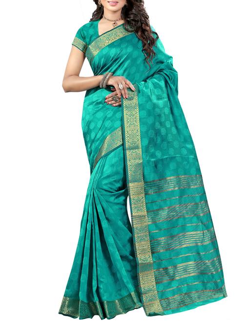 turquoise cotton blend woven saree with blouse - 14112731 - Very Small Image - 1