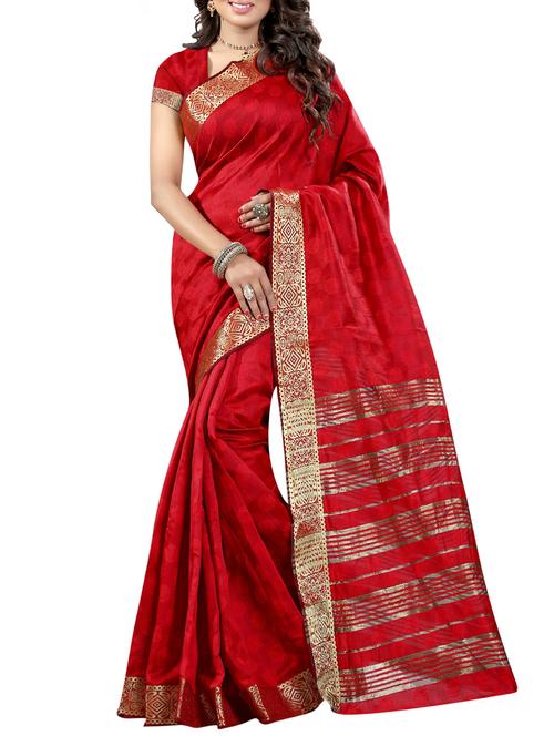 red cotton blend woven saree with blouse - 14112732 - Very Small Image - 1