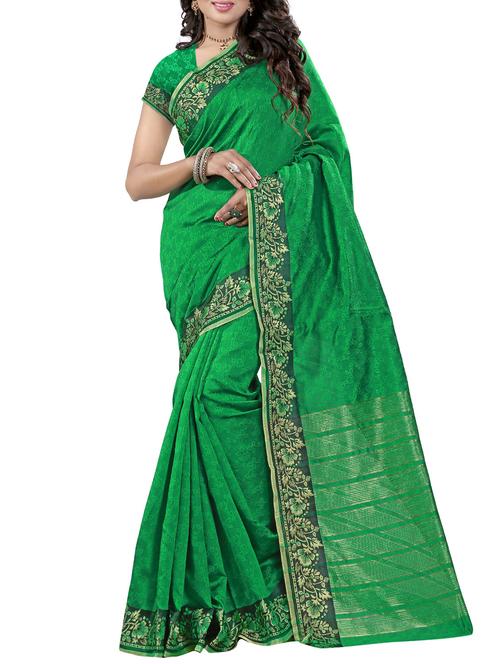 green cotton blend woven saree with blouse - 14112734 - Very Small Image - 1