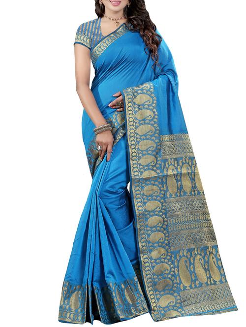 turquoise woven saree with blouse - 14112745 - Very Small Image - 1