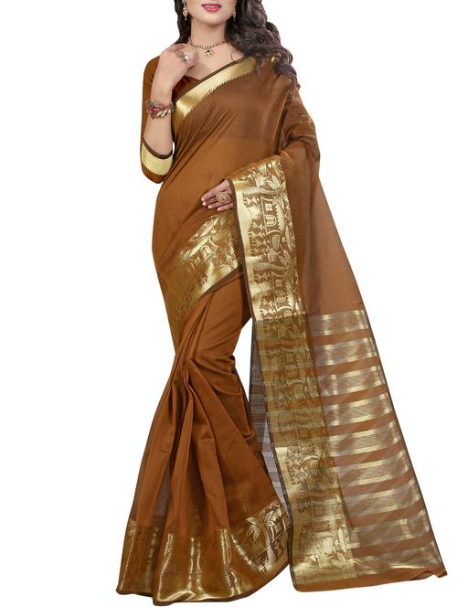 brown woven saree with blouse - 14112757 - Very Small Image - 1